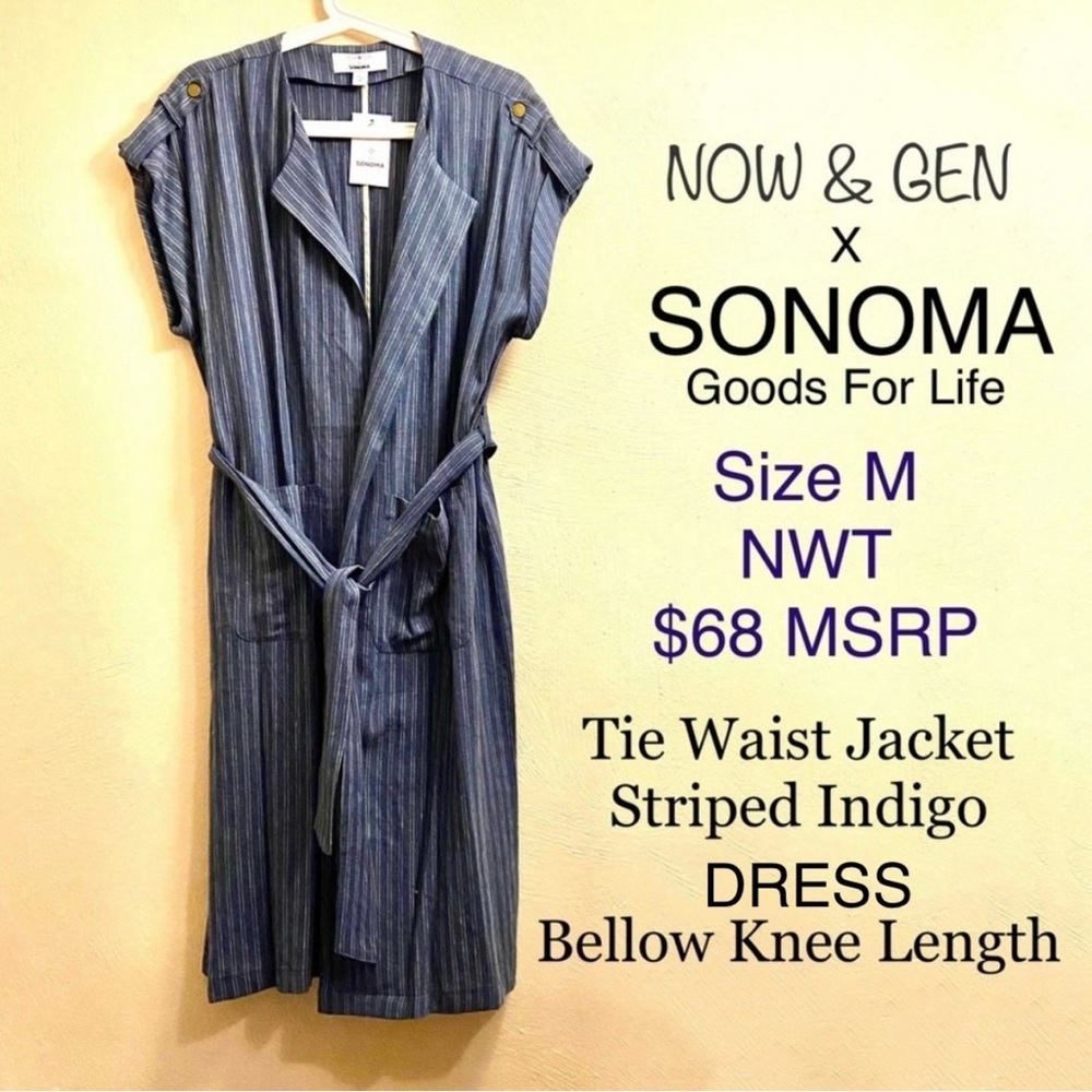 Tie Waist Jacket Topper Cardigan Dress Striped Indigo Sonoma Linen Viscose